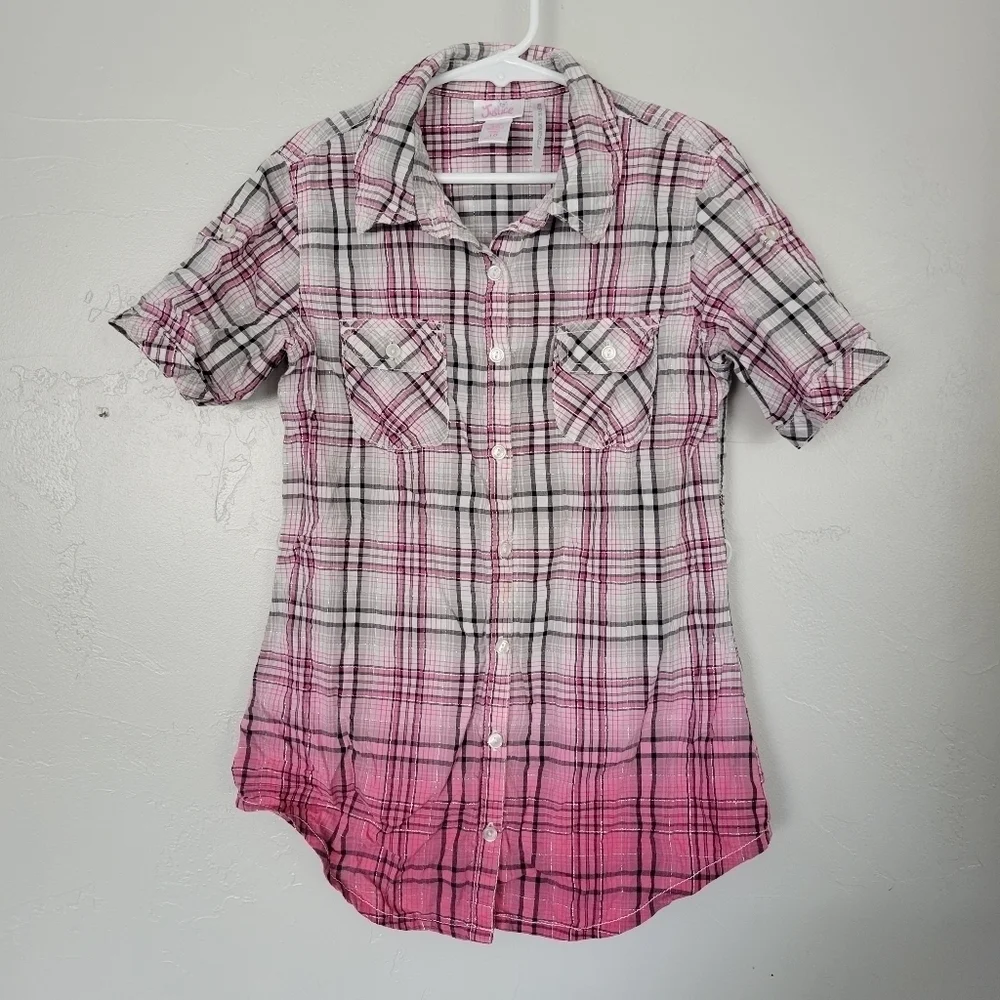 Justice Girls 10 Pink White Black Plaid Short Sleeve Shirt Button Up Top